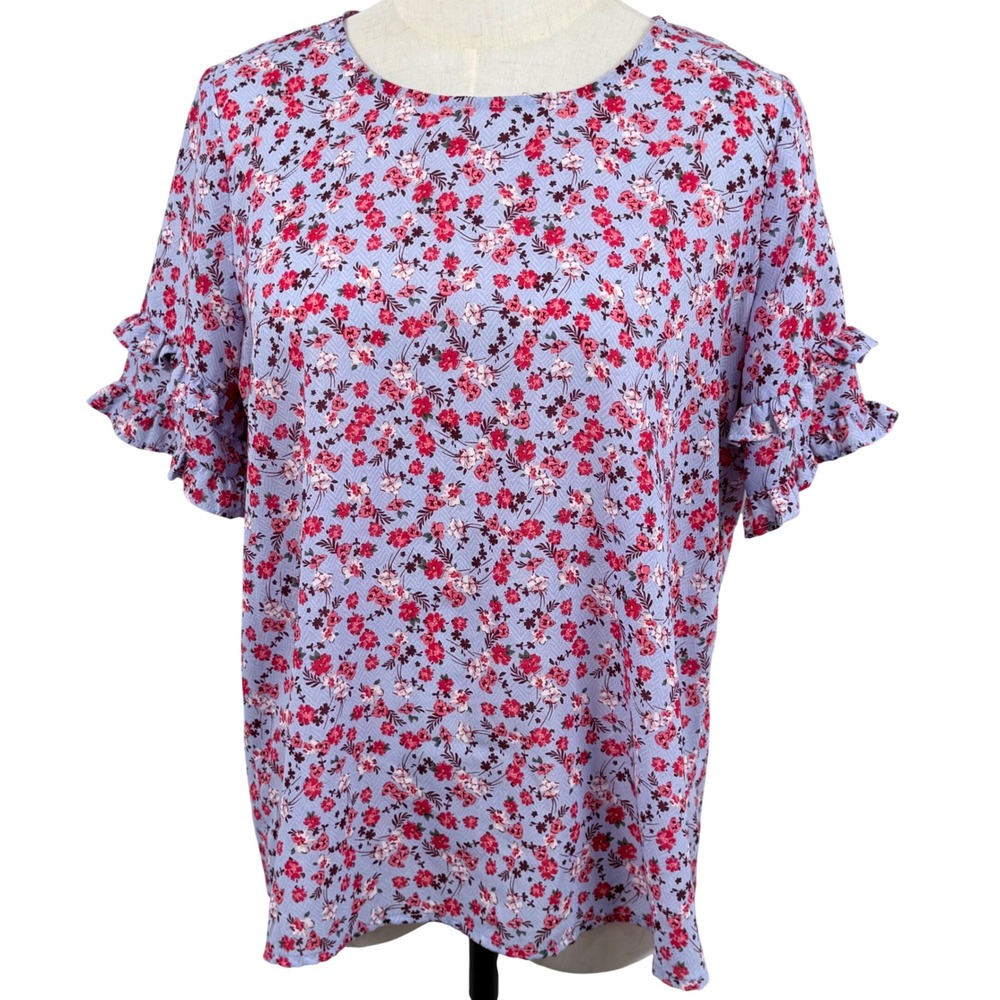 Liz Claiborne S Blouse Lavender Floral Womens Ruffle Sleeve Top Cottagecore EUC